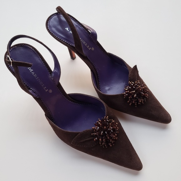 A. Marinelli Brown Suede Swarovski Crystal Flower Slingback Heels Size 6 - Picture 4 of 7